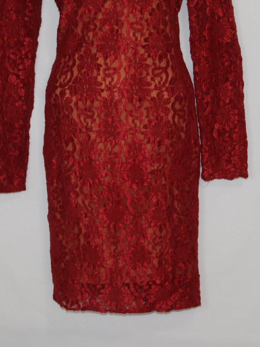 Vtg 90s women's dress size L red nude illusion long sleeve tight fitting flapper - Picture 7 of 14